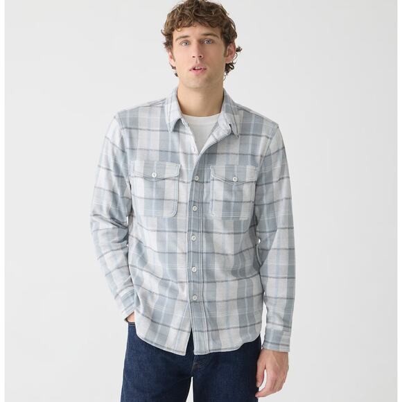 J.Crew Seaboard Soft Knit Shirt Plaid Shacket Mens Ivory Gray Casual Medium NWT
